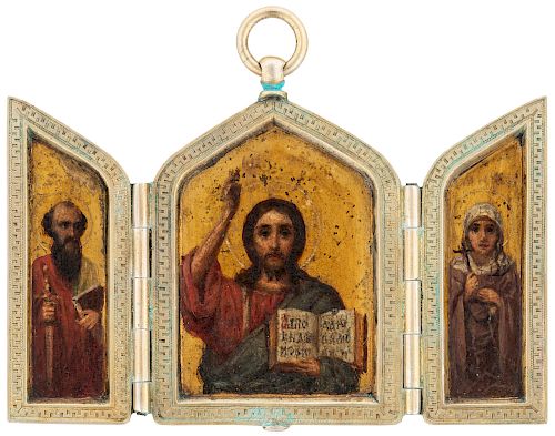 A RUSSIAN SILVER-MOUNTED MINIATURE TRIPTYCH ICON OF CHRIST PANTOCRATOR AND PATRON SAINTS, MOSCOW, 1908-1917