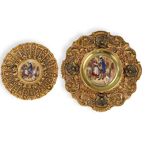 (2 Pc) Spanish Porcelain and Gilt Bronze Wall Plates