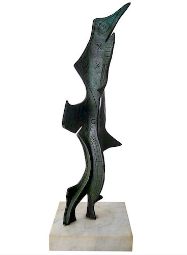 1950s Surrealist Modern Patinated Bronze on Marble Base Sculpture