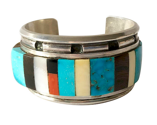 1980s Navajo Turquoise Coral Wood Onyx Shell Mosaic Sterling Cuff Bracelet