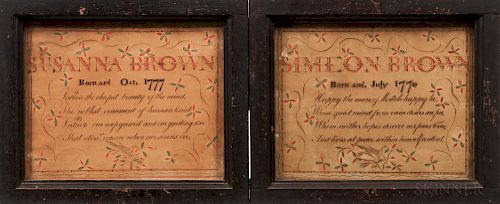 Framed Watercolor and Pen & Ink Birth Records for Simeon and Susanna Brown