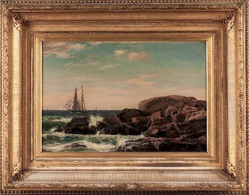 John Erik Christian Petersen (Massachusetts/Denmark, 1839-1874)  Sailing Ship Near a Rocky Shore
