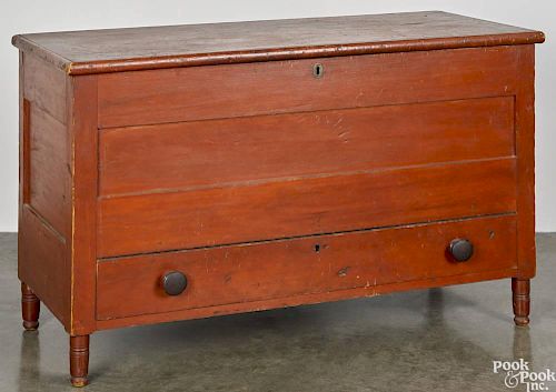 Pennsylvania painted pine blanket chest, 19th c., retaining an old red surface, 27'' h., 42'' w.