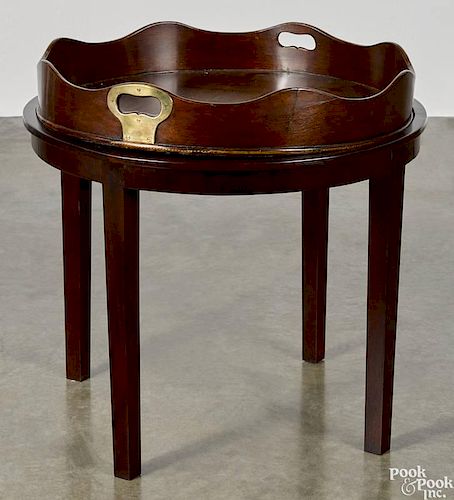 English mahogany tea tray, early 19th c., mounted on a later stand, 22'' h., 22'' w.