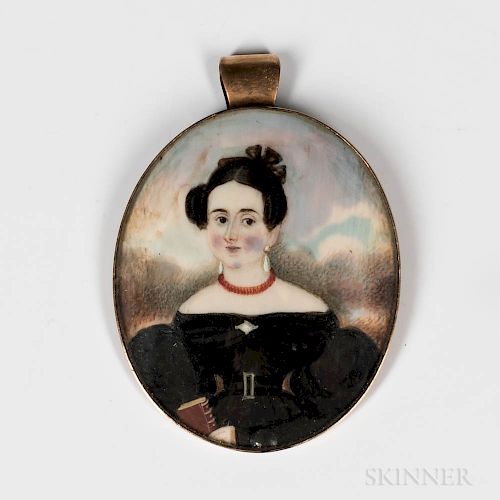 American School, Mid-19th Century  Miniature Portrait of a Young Woman in a Black Dress