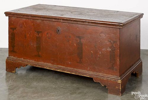 Pennsylvania painted pine dower chest, ca. 1800, retaining traces of its original decorated surface