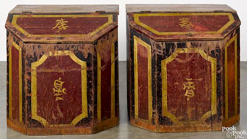 Pair of painted pine tea bins, 19th c., stamped on back C. D. Kenny Co. York PA, 24'' h., 23 1/2'' w