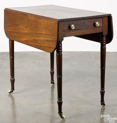 Regency mahogany Pembroke table, ca. 1820, 27 1/2'' h., 18'' w., 29 3/4'' d.