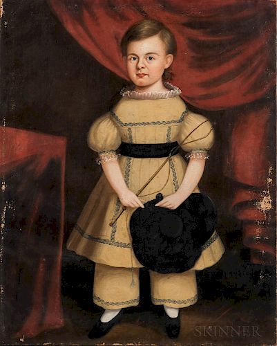 Attributed to Samuel P. Howes (Massachusetts, 1806-1881)  Portrait of a Boy in a Yellow Dress Holding a Hat and Riding Crop