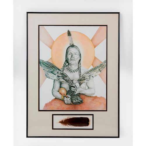 VINTAGE PRINT WITH FEATHER NATIVE AMERICAN WARRIOR