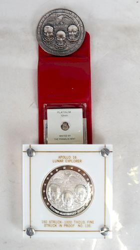 Two Silver Apollo 16 Medals, Platinum "Coin"