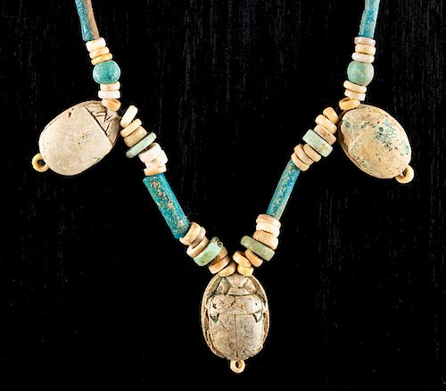 Egyptian Faience Bead Necklace w/ Scarabs, ex-Mitry