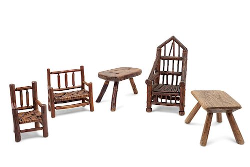 Three Doll Chairs and Two Children's Stools
largest chair height 14 1/4 x width 7 3/4 x depth 6 inches; largest stool height 6 5/8 x length 10 x width