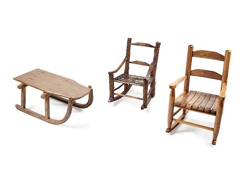Two Children's Rocking Chairs
largest chair height 23 x width 14 1/4 x depth 12 inches; sled length 27 x width 10 1/2 inches