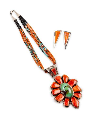 Harley Jake 
(Dine, 20th Century)
Spiny Oyster and Turquoise Necklace with Pendant, together with silver and spiny oyster ear clips