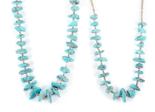 Two Turquoise Nugget and Shell Heishi Necklaces 
Length of larger 28 inches