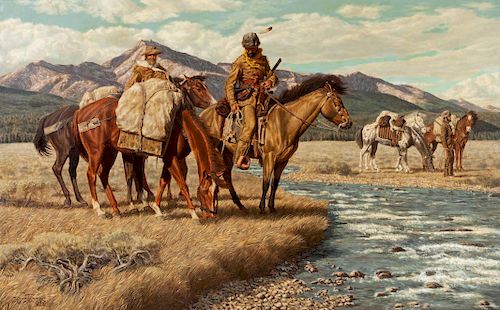 Joe Grandee
(American, b. 1929)
Pioneers on Horseback at a Stream, 1973