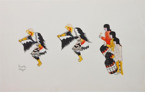 Thomas Vigil (Pan Yo Pin)
(Tesuque, 1889-1960)
Untitled (Eagle Dancers) together with Untitled (Eagle Dancers with Drums)