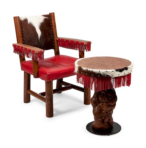 New West Chair and Burled Fringe Side Table 
table: height 24 x diameter 19 inches chair: height 36 x width 26 x depth 24 inches
