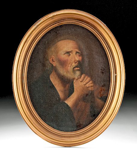 Framed Spanish Baroque Painting of Praying Man