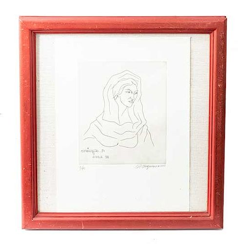 Raúl Anguiano. Mujer. Firmado a lápiz y en plancha. Fechado 2000. Grabado 7/40. Enmarcado en madera tallada. 33 x 26 cm.