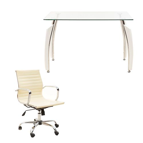 Escritorio y sillón ejecutivo. Siglo XXI. Elaborados en metal, cristal y material sintético. 77 x 120 x 75 cm. (escritorio)