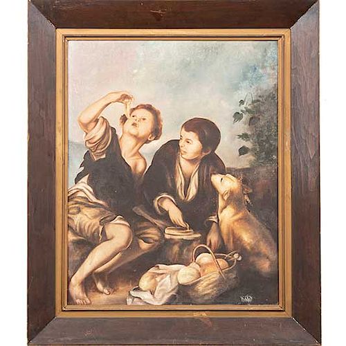 Daniel Dávila. Niños con perro. Firmado. Óleo sobre tela. Enmarcado en madera tallada. 50 x 38 cm.