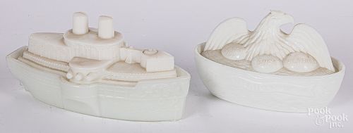 Two milk glass covered dishes