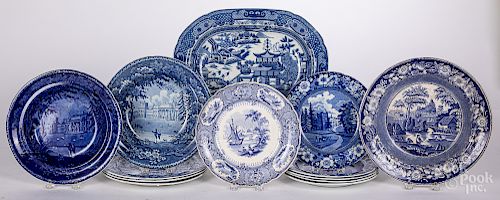 Twelve blue Staffordshire plates and bowls, etc.