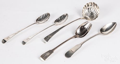Five Georgian silver serving utensils