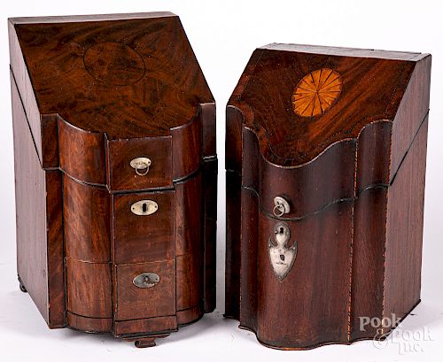 Two similar George III inlaid mahogany knife boxe