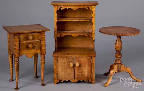 Three pieces of tiger maple doll furniture