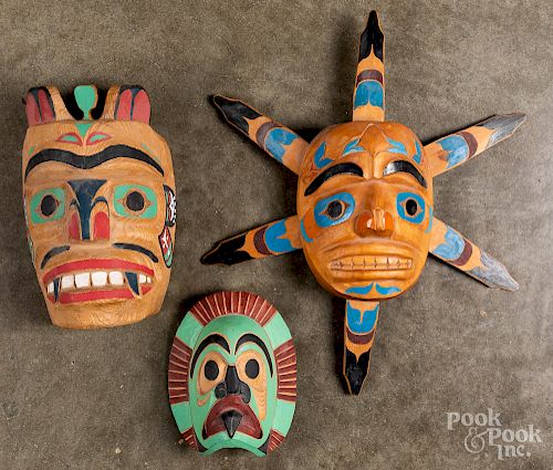 Three Northwest Coast carved cedar masks