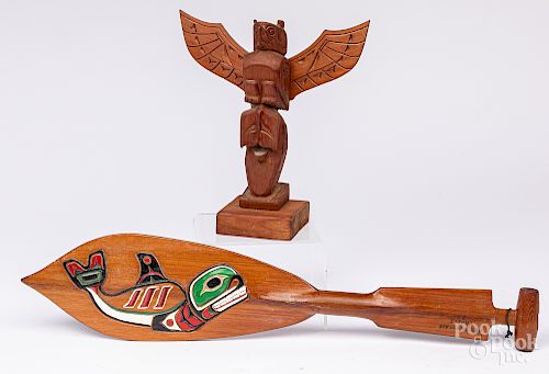 Northwest Coast carved cedar totem and paddle