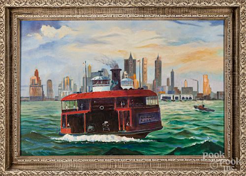 Oil on canvas harbor scene