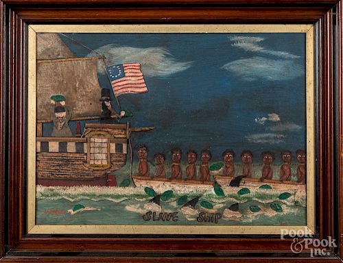 Oil and mixed media in relief folk art Slave Ship