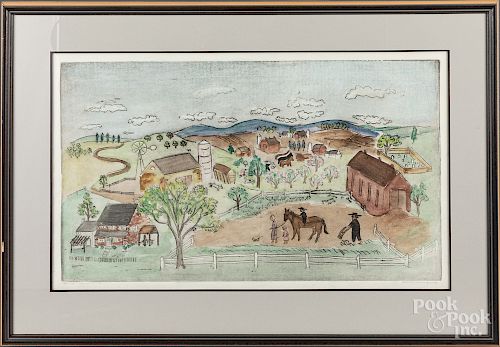 Newswanger signed engraving of an Amish farm scen