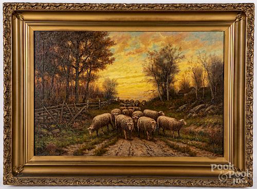 Oil on canvas landscape with sheep
