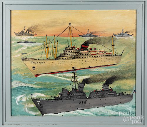 Large folk art naval engagement