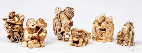 Six Japanese Meiji period carved ivory netsuke