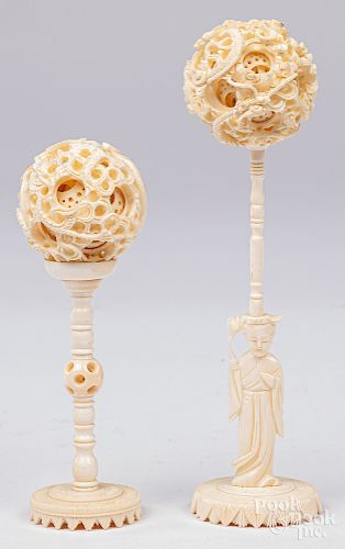 Two Chinese carved ivory puzzle balls