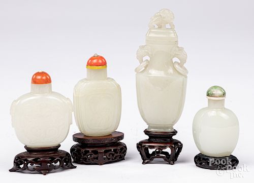 Three Chinese carved jade snuff bottles, etc.