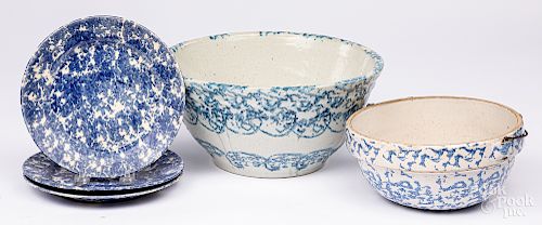 Two blue spongeware bowls, etc.