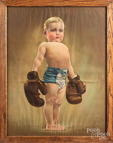 Lithograph of a young boy with boxing gloves