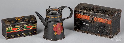 Three pieces of painted toleware