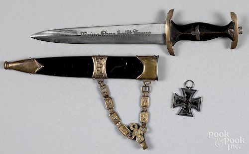 Reproduction German SS dagger and scabbard, etc.
