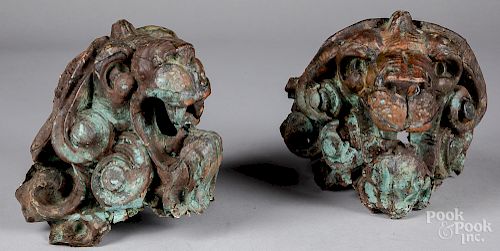 Pair of copper lion mask architectural elements