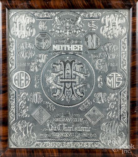 Engraved family monograms steel plate, dated 1919