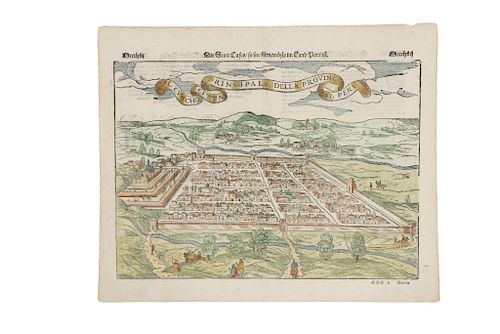 Münster, Sebastian. Mapas del Nuevo Mundo. Basel, ca. 1550. Grabado coloreado a doble página. Reverso: plano de Tenochtitlan.