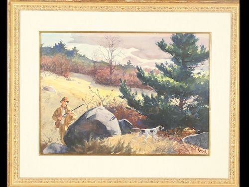 Watercolor of an upland game hunter with dog, Aiden Lassell Ripley (1896 - 1969).